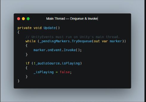 C sharp source code showing markers dequeued and invoked during Update
